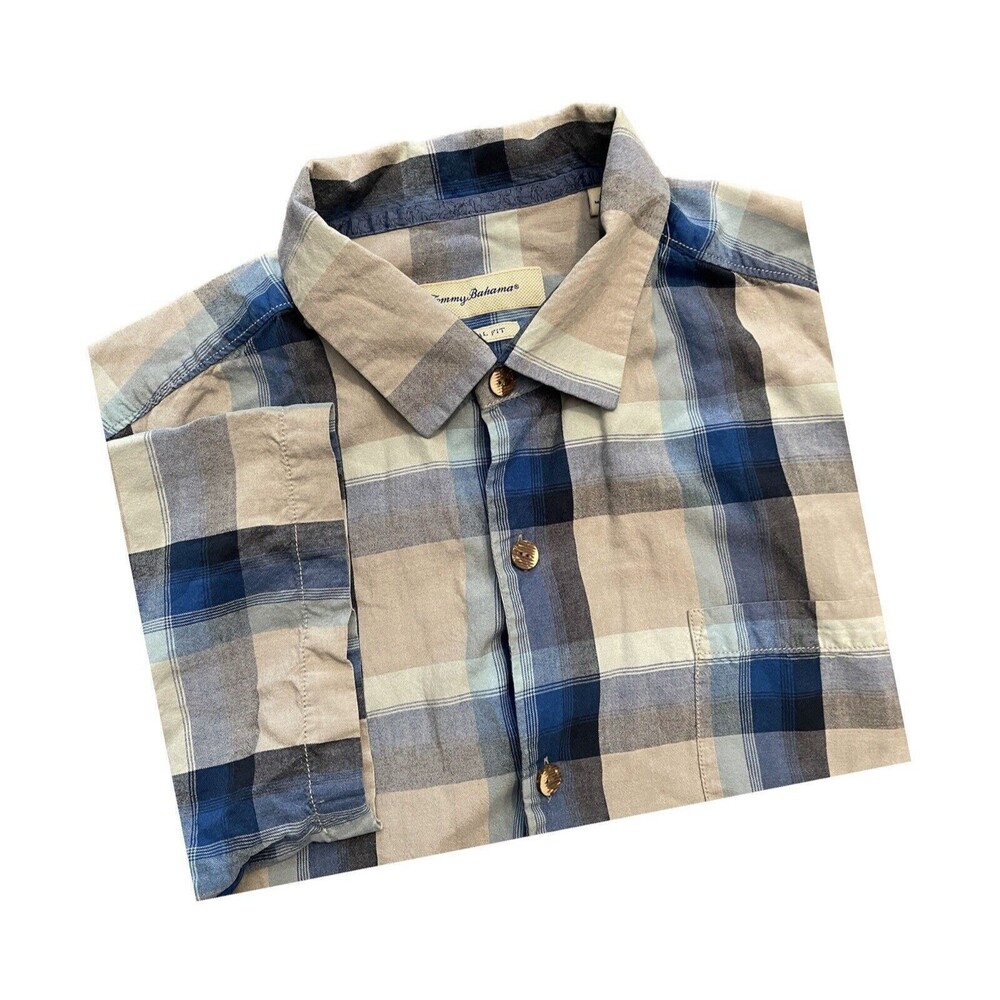 Tommy Bahama Men's XL 100% Silk Blue Plaid Button Up Short Sleeve Shirt Casual